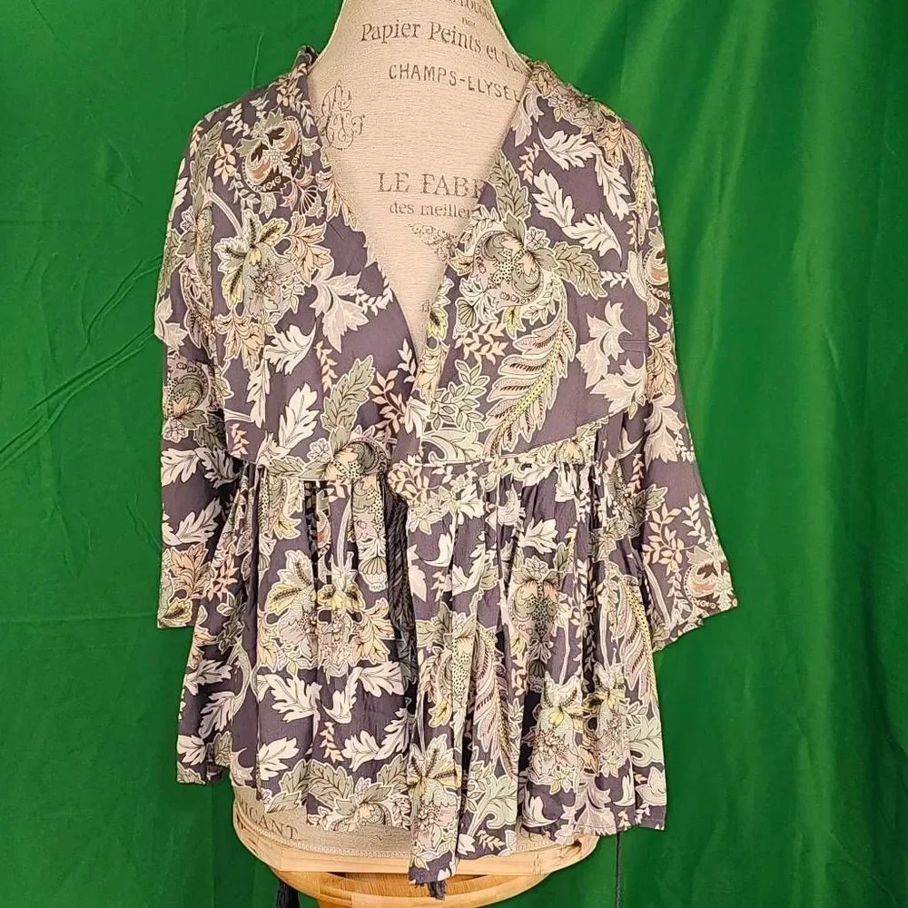 Jaase Womens Blue Gray Floral Babydoll Shirt Top‎ Blouse Small